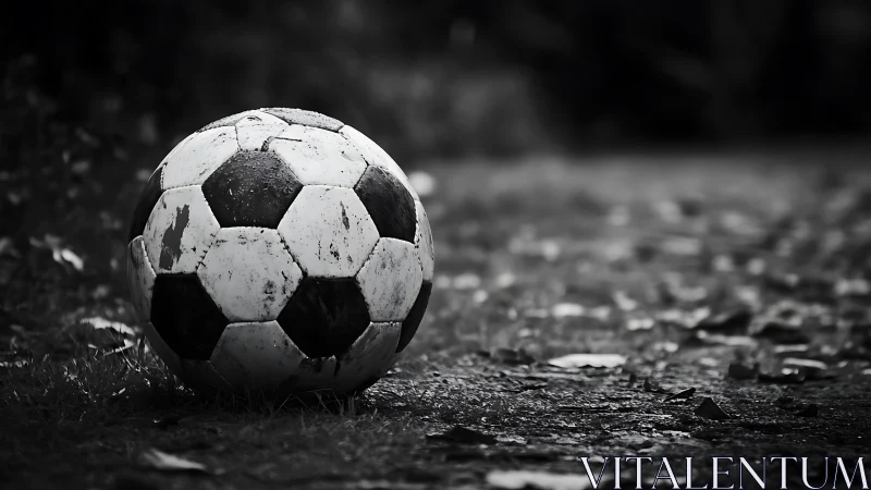 Weathered soccer ball rests quietly on a damp field edge
