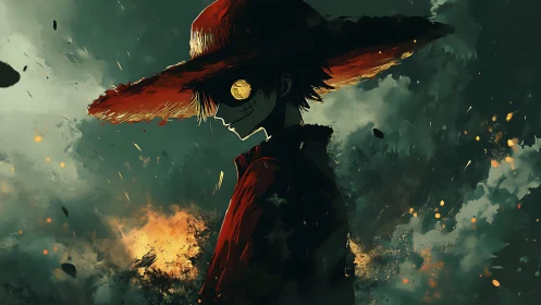 Straw-hatted wanderer stands amid stormy embers and smoke