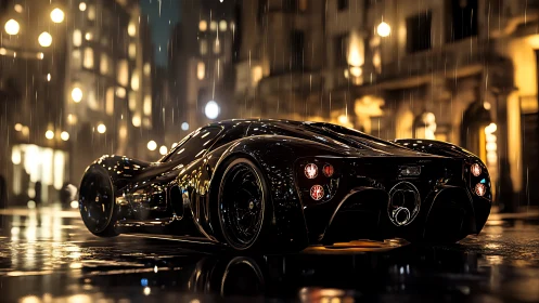 Low-slung black supercar on wet city street at night.