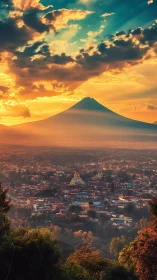 Sunset-illuminated stratovolcano above dense valley cityscape