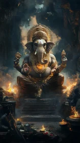 Ornate Ganesha idol illuminated by ritual flames in cavernous shrine