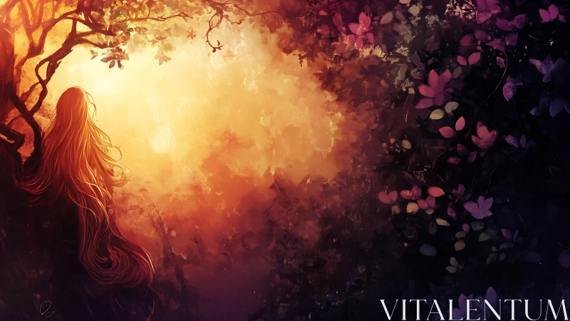 Backlit long-haired figure at golden forest clearing edge