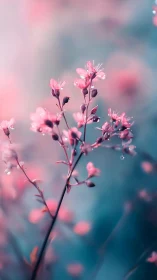 Delicate Pink Flowers with Water Droplets Against Blurred Blue Backdrop