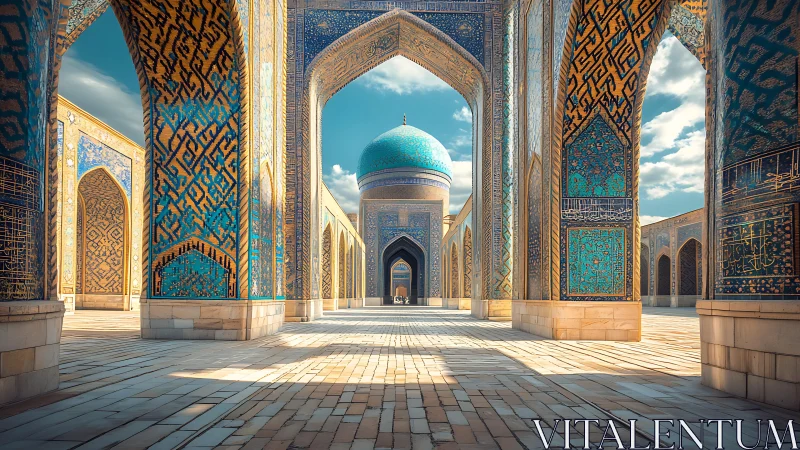 Islamic courtyard shows blue tiled arches and central dome