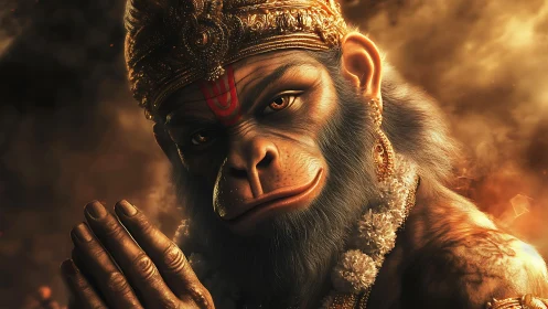Divine monkey warrior bows amid molten clouds of light