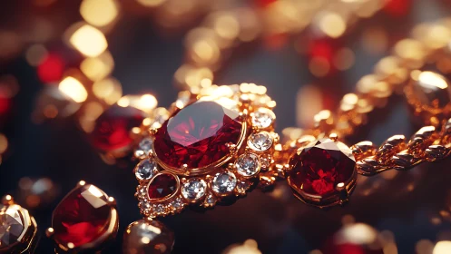 Macro optical study of faceted ruby and diamond gold jewelry.