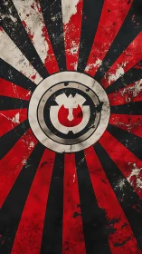 Grungy red and black radial emblem commands bold attention.