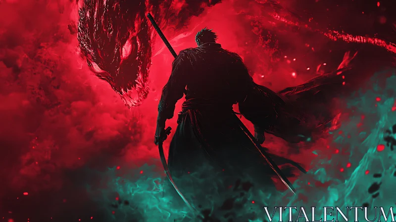 Stormlit swordsman confronting a crimson void dragon phantom.