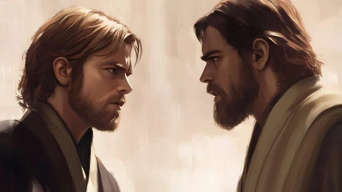 Standoff of mirrored warriors in soft desert light.