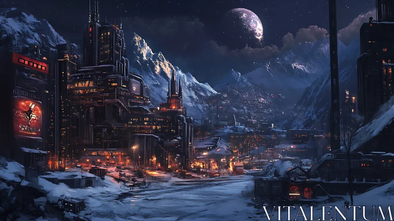 Futuristic industrial city glows in snowy mountain valley at night