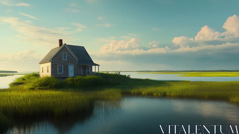 Solitary Coastal House Amid Salt Marshes.