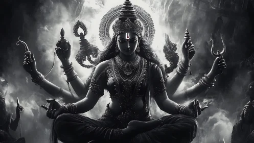 Monochrome divine warrior goddess in radial digital composition.