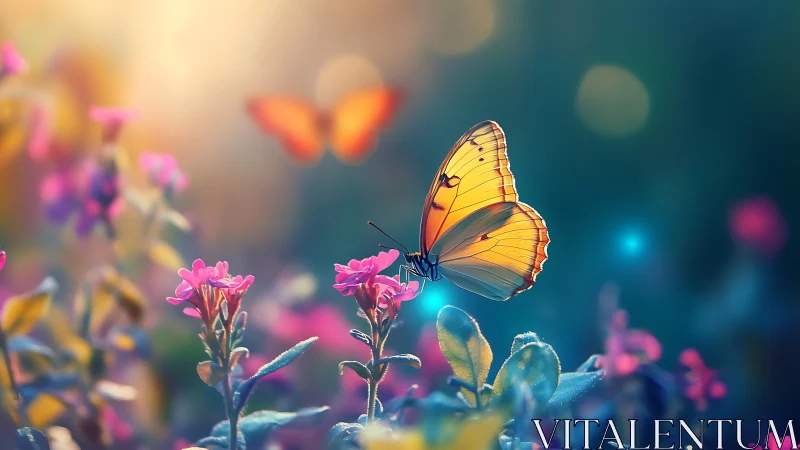 Photorealistic macro butterfly on wildflowers with bokeh glow.