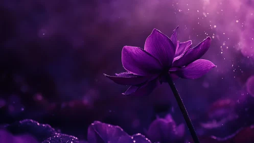 Purple Lotus Flower with Water Droplets Against Dark Background.