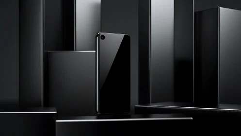 Black smartphone stands amid glossy geometric columns.