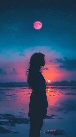 Dreamy shoreline silhouette under a glowing pink moon.