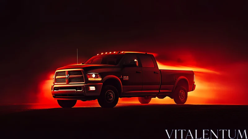 Heavy-duty pickup truck cuts silhouette through molten sunset.
