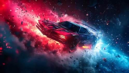 Aerodynamic cyber car drifts through nebula dust and debris fields