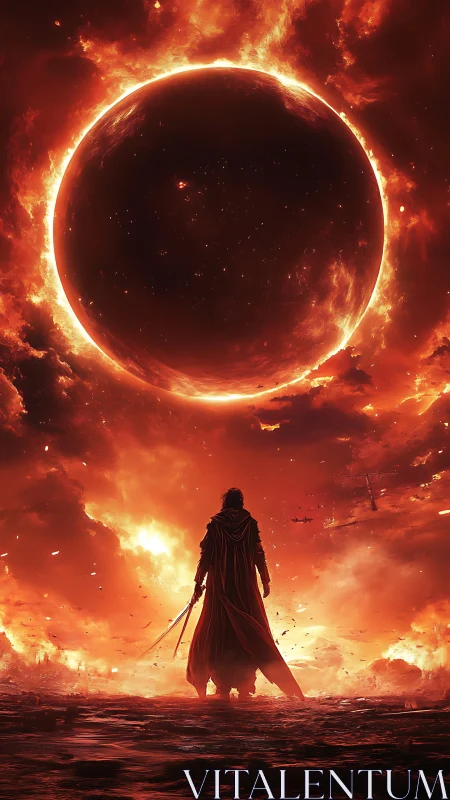 Lone warrior confronts burning eclipse in apocalyptic sky