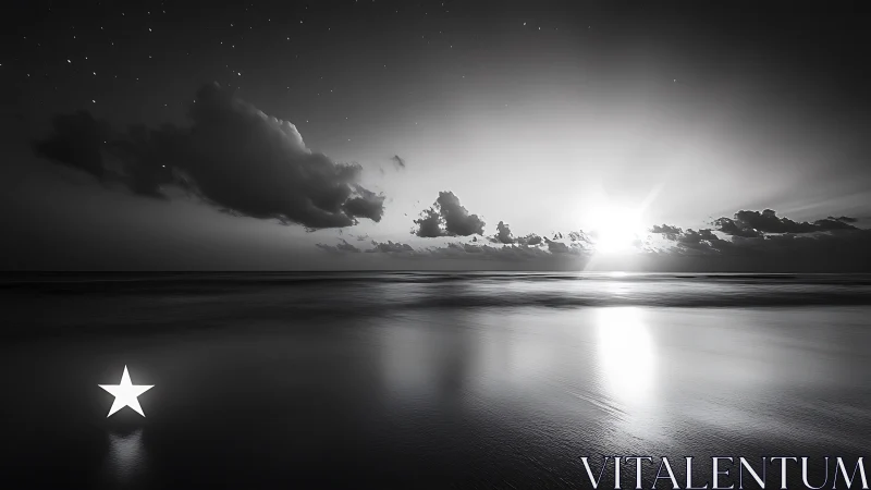 Monochrome seascape records horizon light source and star