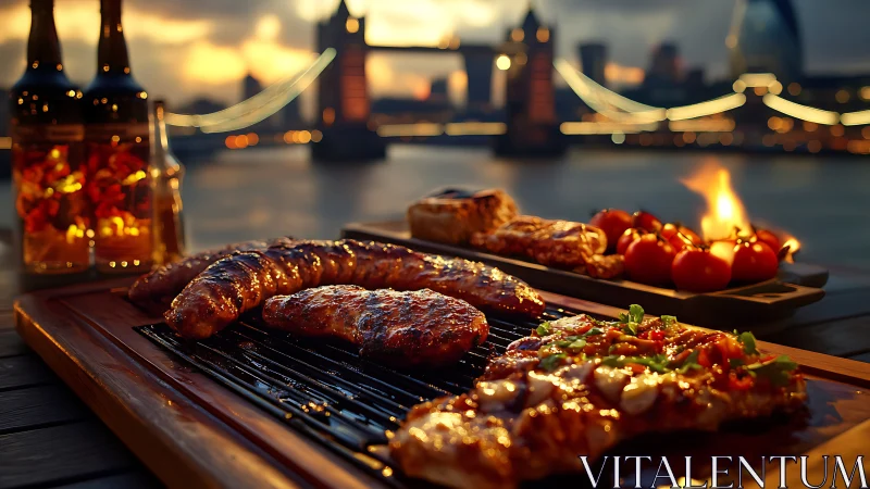 Sunset rooftop grill overlooks illuminated London river skyline