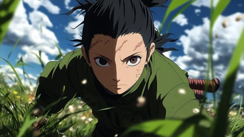 Young warrior crawls through tall grass under cloudy sky