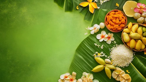 Traditional food ingredients arranged on green banana leaves