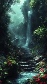 Misty forest waterfall descends along stone creek path