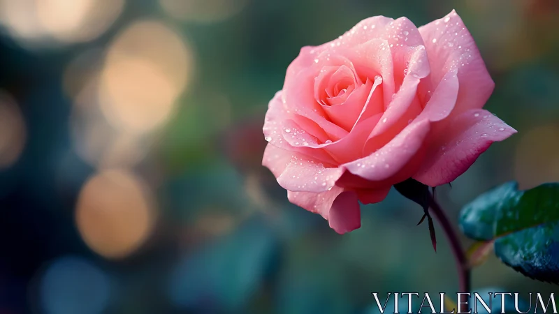 Pink rose glistening with morning dew drops.