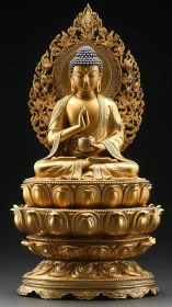Golden lotus Buddha statue glowing with quiet serenity.