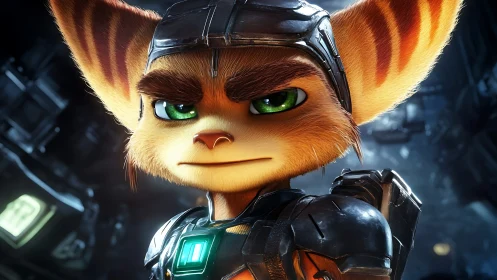 Feline space hero stares ahead in luminous armored portrait.