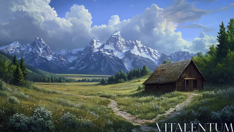 Mountain meadow cabin under towering snow-capped peaks.