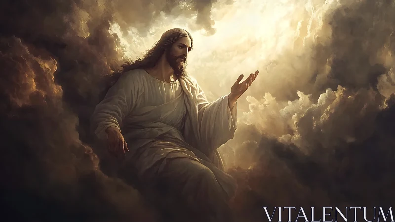 Radiant messiah seated in stormlit heavens of swirling light.