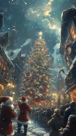 Digital painting of festive urban plaza with towering tree.