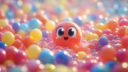 Cute Cartoon Ball Smiling in a Colorful Ball Pit, Soft Pastel Style.