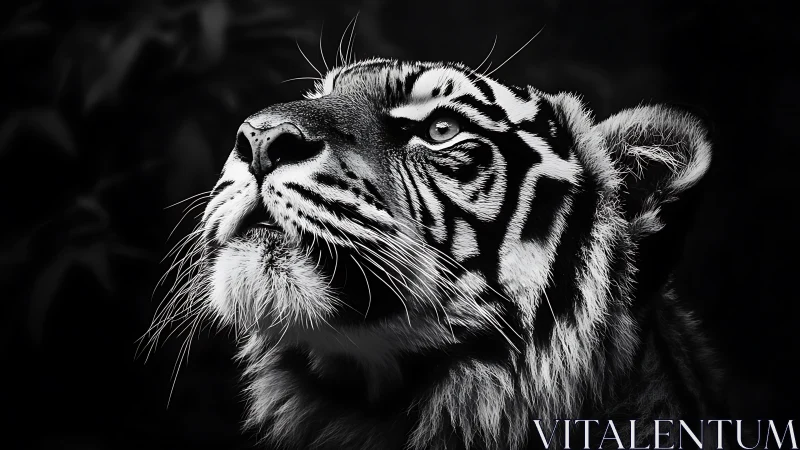 Black and white tiger portrait with upward focused gaze.