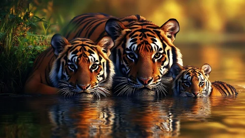 Three Tigers Converge in Golden Waters at Twilight