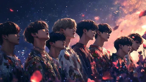 Celestial boy band line-up under luminous cosmic dusk.