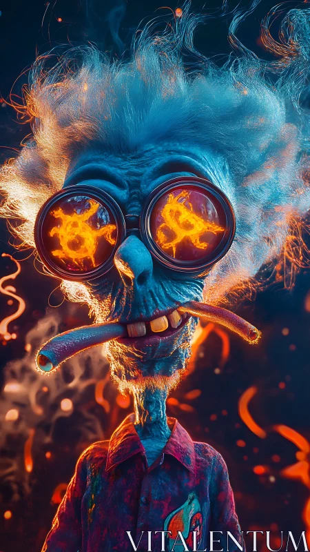 Hyper-saturated mad scientist portrait with emissive lava goggles and scorched hair