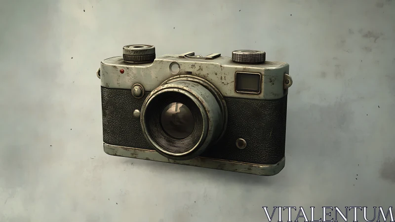 Weathered vintage camera with textured body on gray wall.