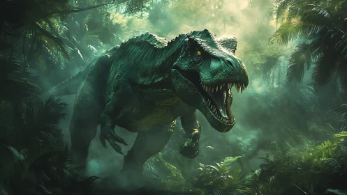 Predatory Tyrannosaurus rex strides through misted jungle light