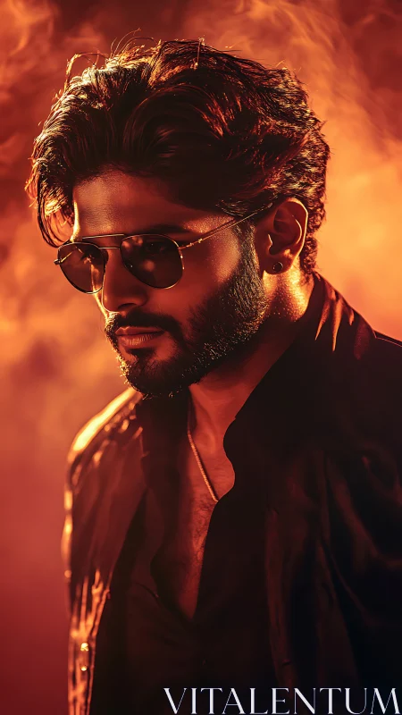 Man in side-lit portrait stands against orange smoky background