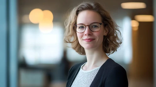 Confident Young Professional Woman in Modern Office Portrait.