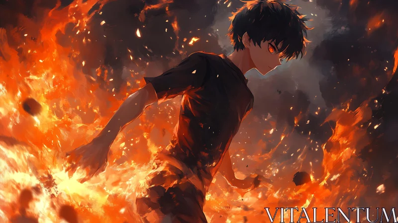 Dark haired youth amid intensive surrounding flames.