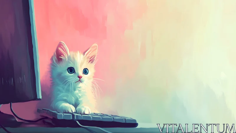 Small white kitten on computer keyboard, digital artwork.