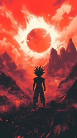 Lone warrior greeting a blazing cosmic red sunrise.