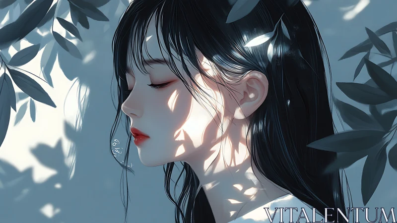 Calm side profile of girl in soft leaf shadows.