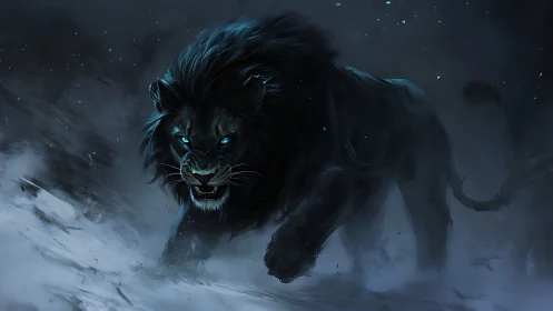Black lion with glowing eyes moving through snowy storm.