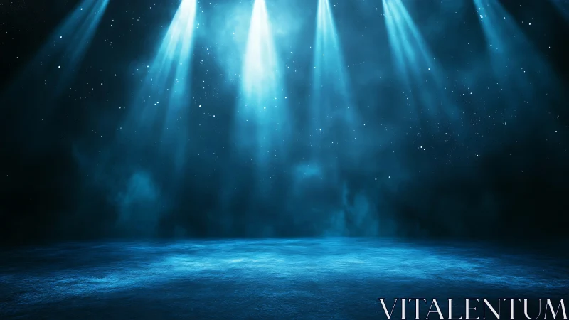 Empty blue stage glows under converging overhead spotlights