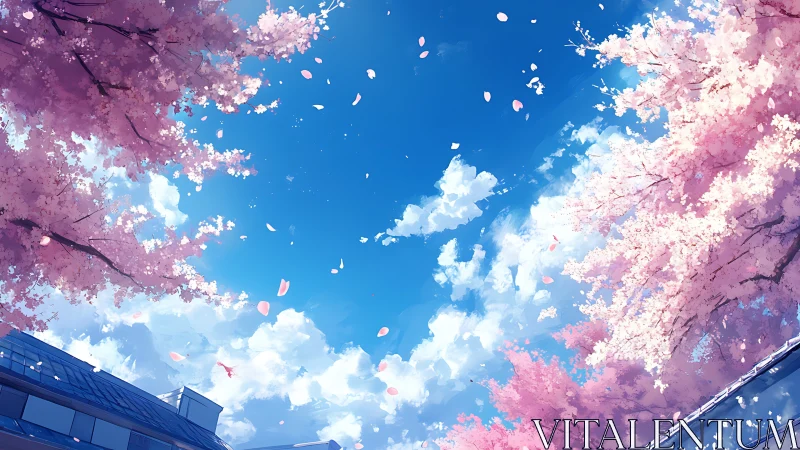 Sakura canopy over campus roofs in bright cerulean sky.